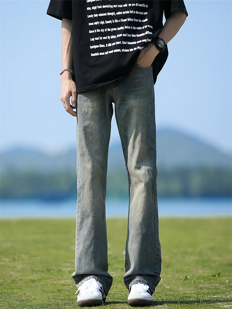 American High Street Vibe Men's Mid-Rise Waist Lift Pants Retro Blue Jeans Straight Loose Flared Trousers for Tall Men