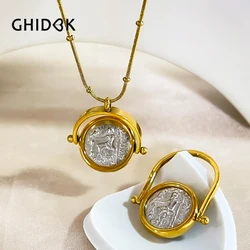 GHIDBK Mix Gold Silver Plated Greek Roman Coin Pendant Necklace Ring Set Women Stainless Steel Free Tarnish Medallion Jewelry