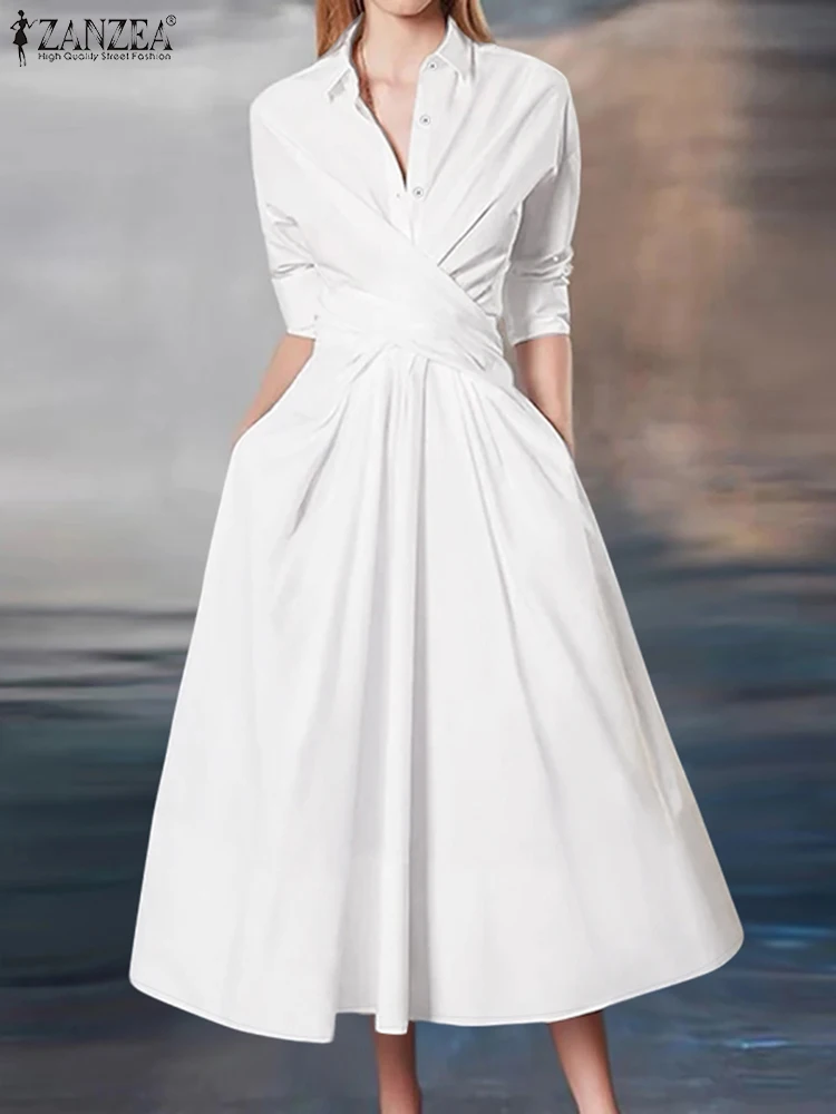 

ZANZEA Women Street Fashion Crossover Waist Midi Dresses Elegant Long Sleeve Collared Shirtdress Commuting Solid Color Robes