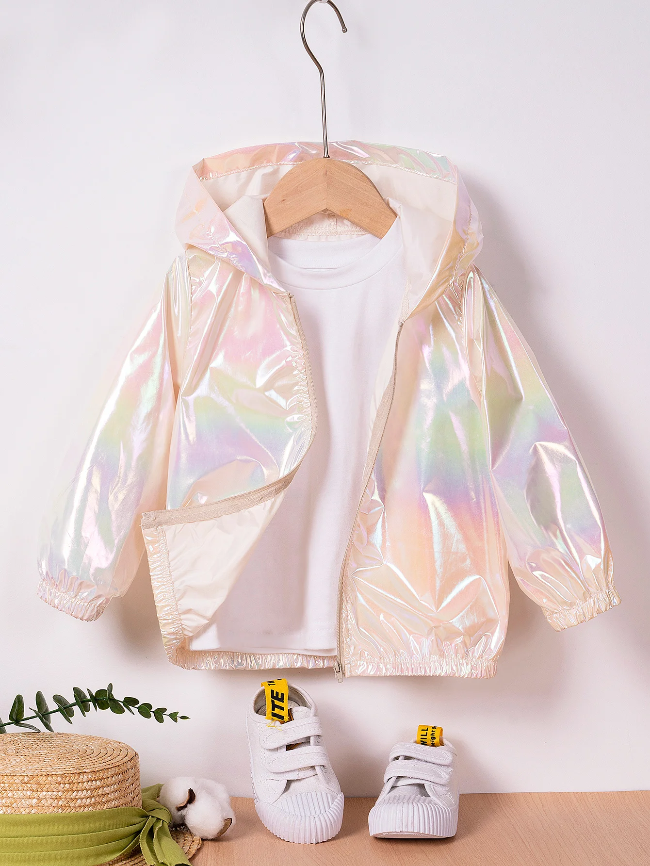 Kids Clothes of Girls Pearl Color Coat Spring and Autumn New Fashion Hooded Zipper Paragraph Simple Leisure Jacket 0-6Y