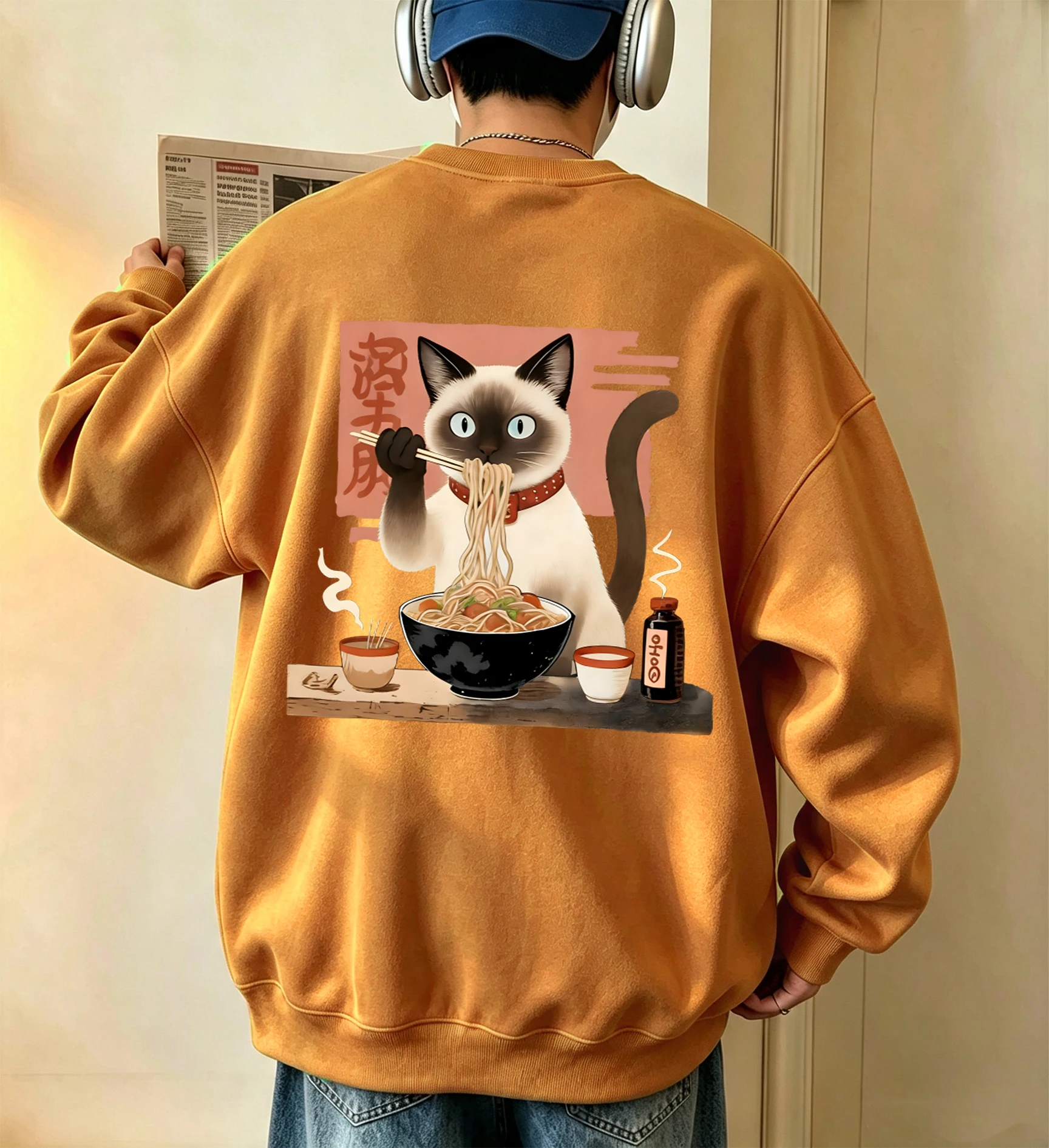 Siamese Cats Like To Eat Noodles Printing Men Autumn Sport Sweatshirts All-Match Street Tops Fleece Hip Hop Classic Streetwear