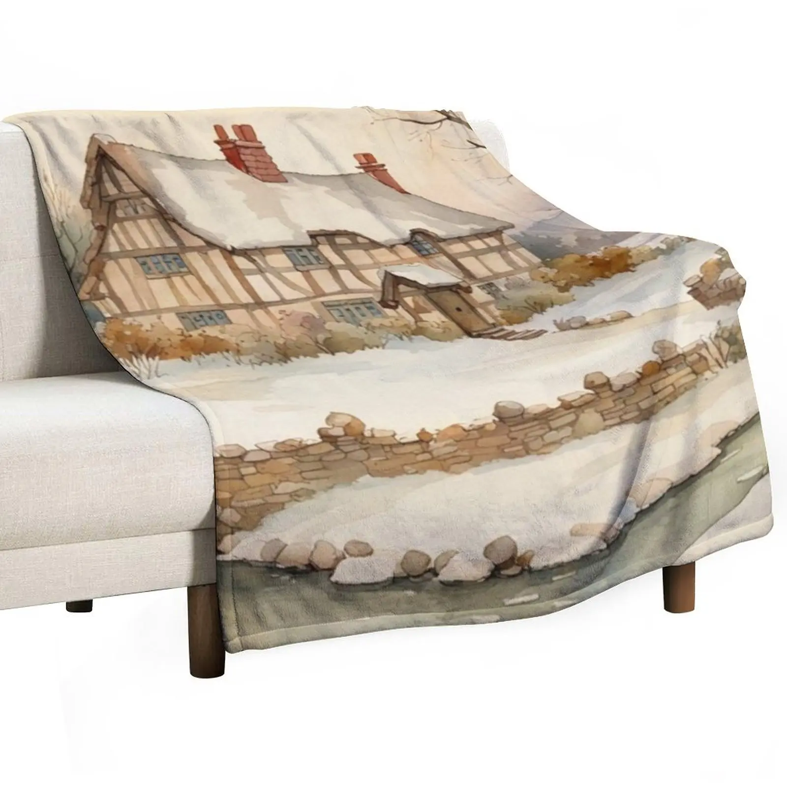 Traditional Old English Medieval Cottage in Winter Watercolor Throw Blanket Luxury Flannels Blankets