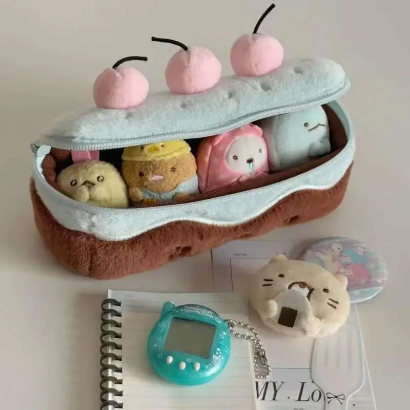 Kawaii Cherry Cake Fuzzy Plush Pencil Case Large Capacity Cute School Supplies Stationery Organizer Pouch Holder Student Gift view 3