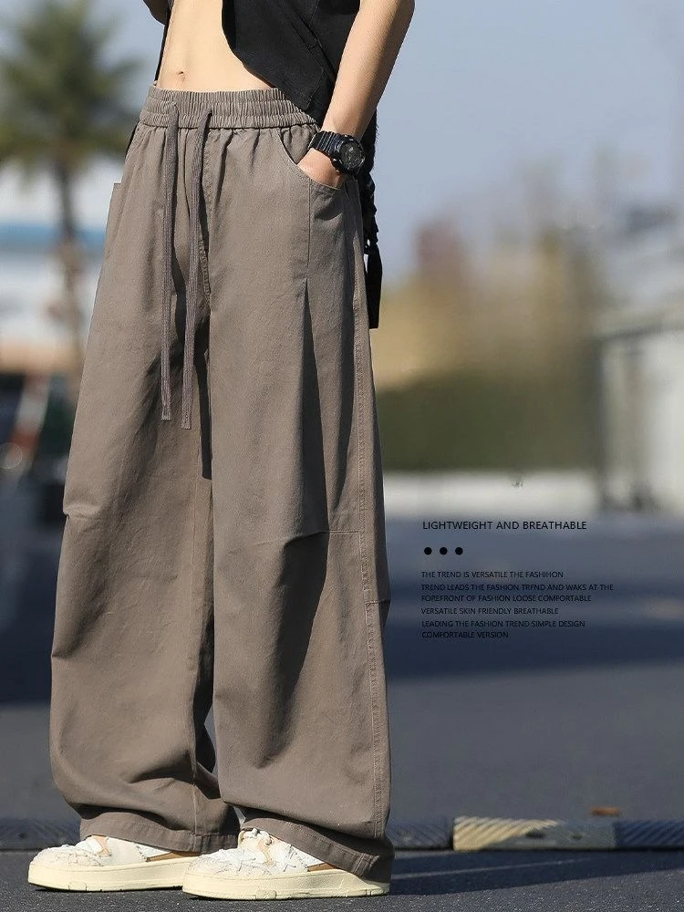 Spring and Autumn pure cotton casual pants men's loose straight 2026 new drape wide-leg tooling trousers