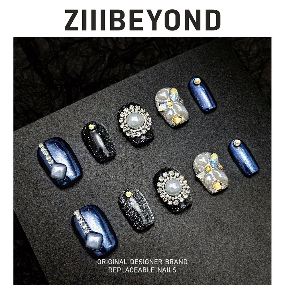 

ZIIIBEYOND Blue Moon Zhuyun Nail Art Handmade Wearing Nail Tide Cool Shining Diamond Nail Art Short Ballet ZB90