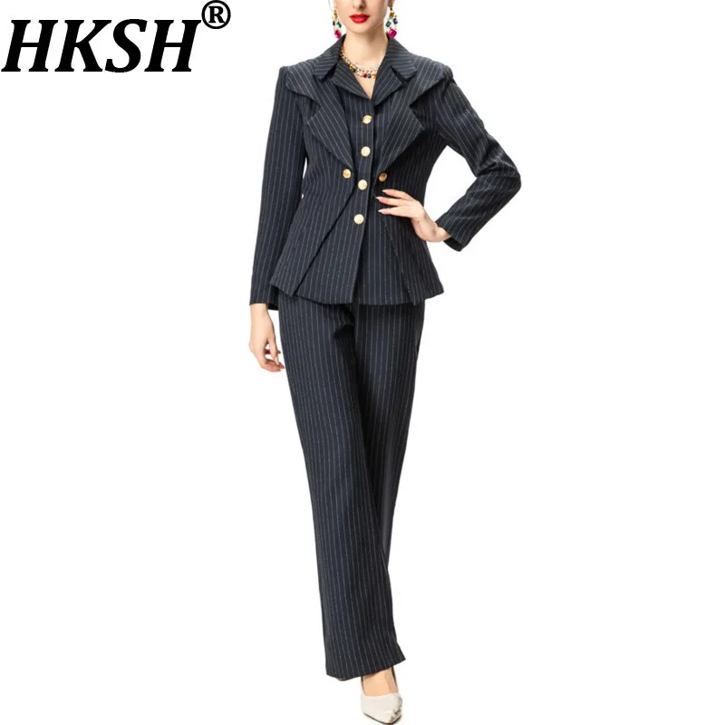 HKSH ربيع الخريف جديد المرأة قطعتين دعوى مجموعة مخطط التلبيب زرر سليم صالح السترة مستقيم السراويل مكتب سيدة المد HK15324