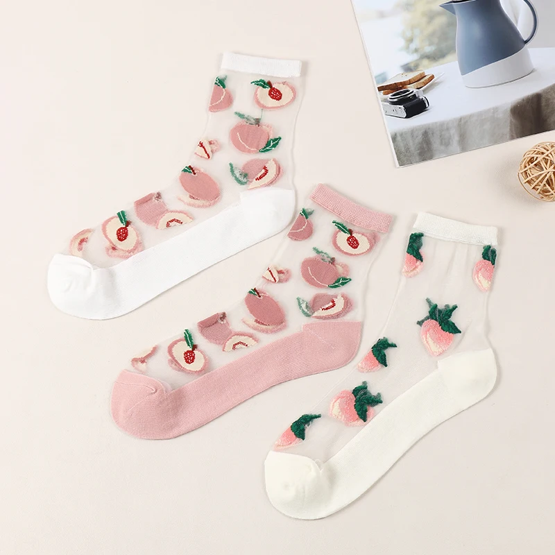 Dong Ai 1 Pairs Female Cute Japanese Crystal Sock Summer Thin Casual Peach Pattern Cotton Bottom Sokken Comfort Glass Silk Sox