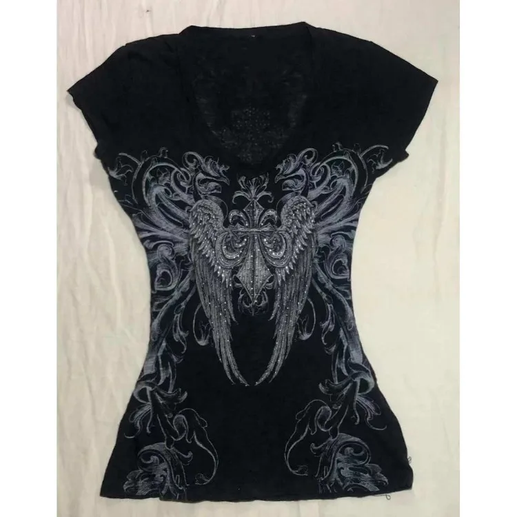 

Korean Harajuku Gothic Vintage Print Tees Personality Diamond Grunge V-Neck Women Tops Summer Y2k Streetwear Punk Slim T-Shirts