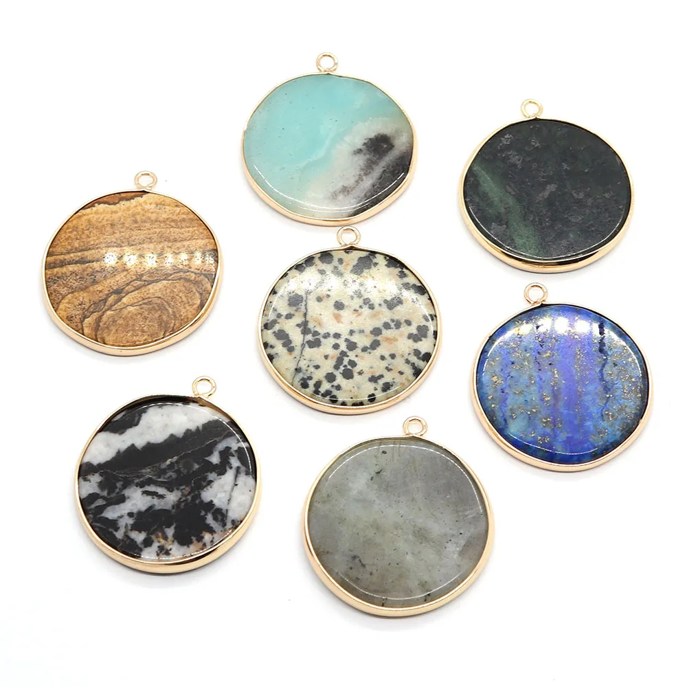 Natural Stone Pendant Round Gold-plated Lapis Lazuli Tianhe Stone Pendant for Jewelry Making DIY Necklace Earrings Accessories