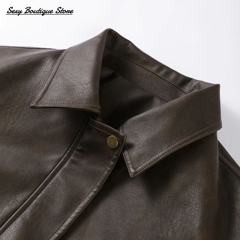 ผู้หญิงวินเทจหนังแจ็คเก็ตแขนยาวกระเป๋าหนังซิปCOMMUTER Outwears 2025 ใหม่Y2k Lady Streetwear