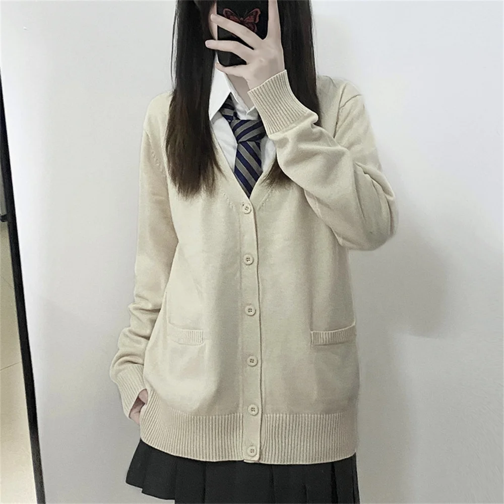 جاكيت نسائي ياباني بفتحة رقبة على شكل حرف V ، سويتر ، بالأزرار ، لطيف ، الخريف ، الشتاء ، المدرسة ، المراهقات ، ملابس الشارع ، الموضة ،