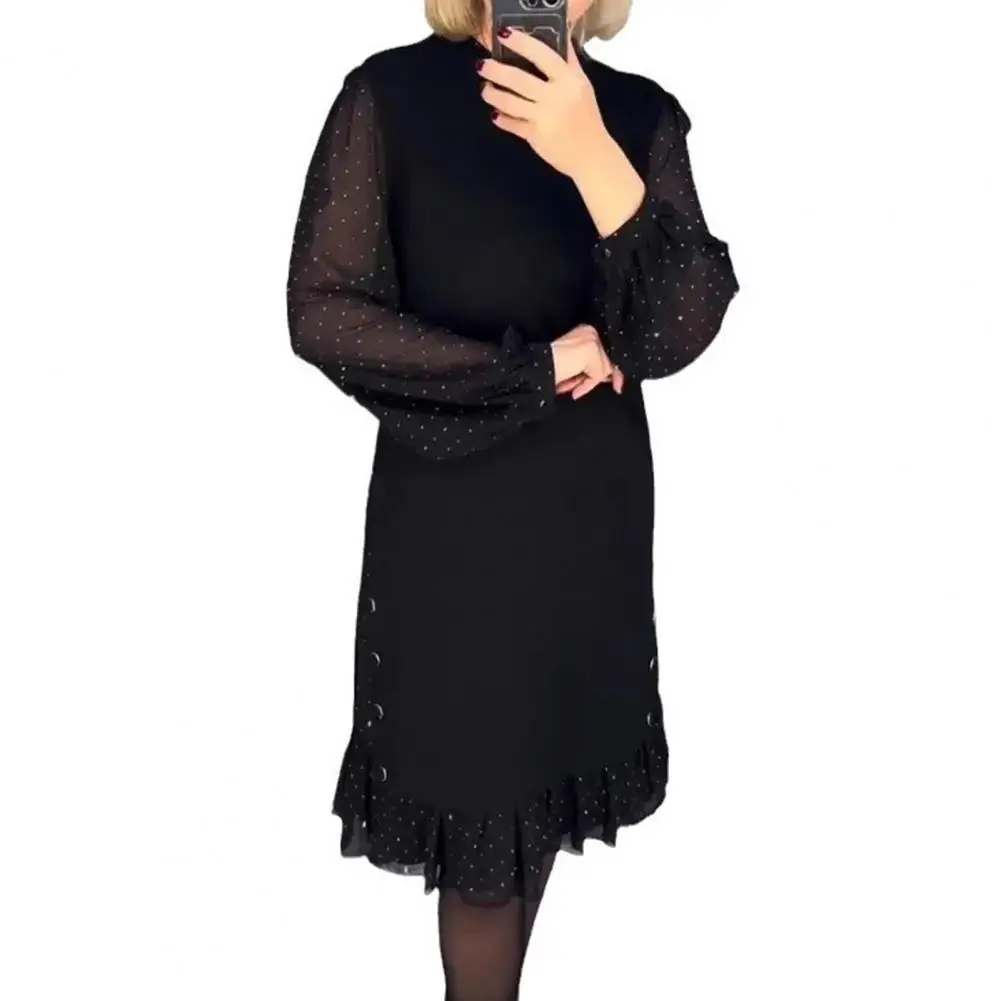 

Женское платье миди длиной до колена с сетчатыми воздушными рукавами и рюшами по подолу для поездок на работу среднего возраста