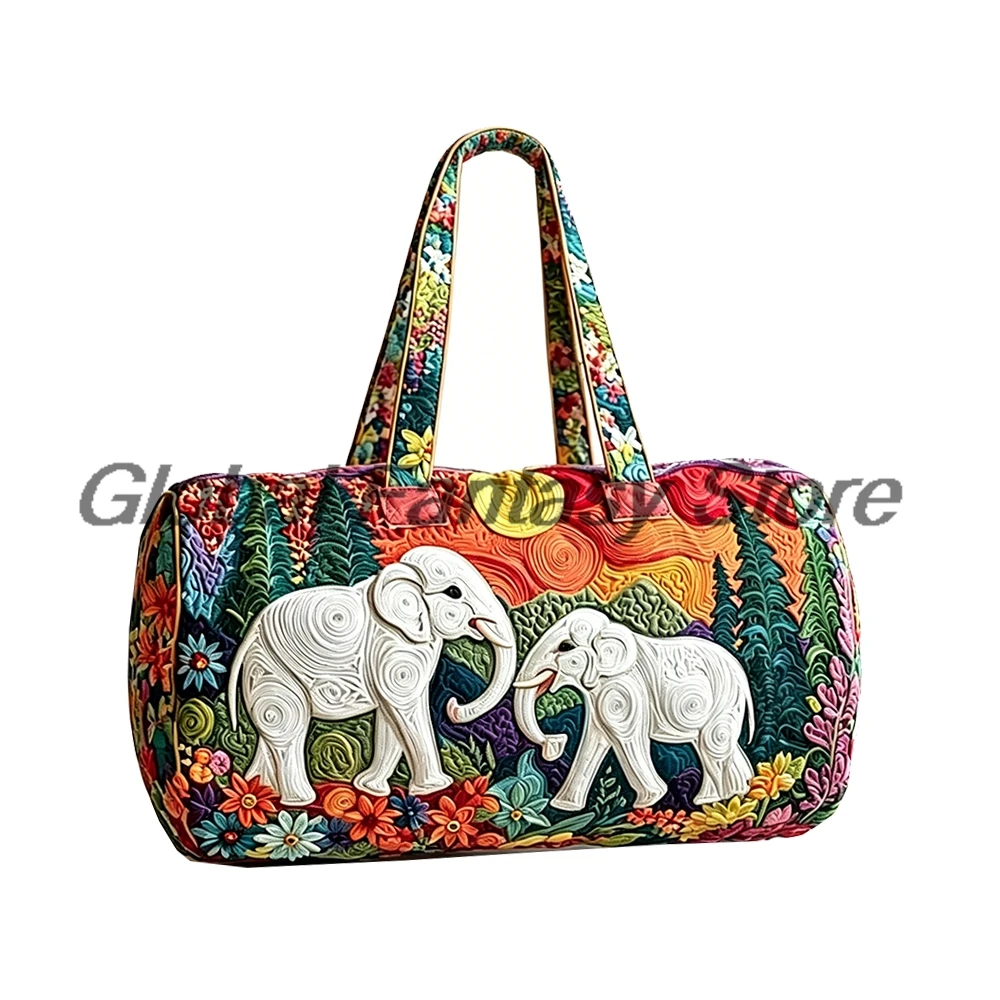 

Vintage Boho Elephant Quilted Duffle Bag Colorful Floral Travel Tote Road Trips Handbag Women Men Outdoor Weekender Bag