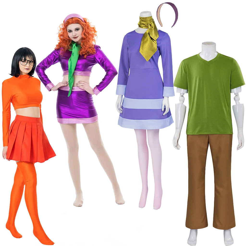 Velma Cosplay Orange Top Skirt Socks Daphne Cosplay Purple Dress Shaggy Cosplay Rogers Costumes Adult Halloween Party Outfits