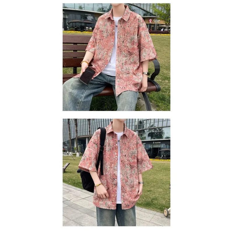 [ Hot-selling in The Store ] Men's Shirts Summer New Seaside Beach Ice Silk Cool Set Loose Quick-drying Tide Brand Large Size