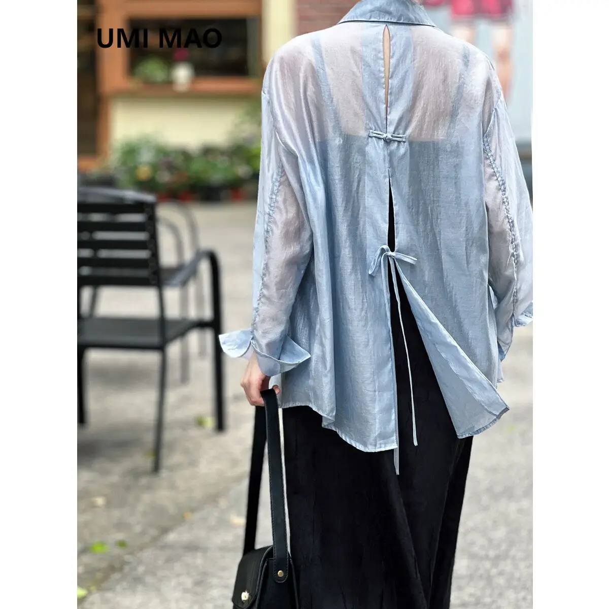 

UMI MAO New Chinese Style Buckle Back Slit Lace Up Sun Protection Shirt For Women's Summer Lightweight Tencel Loose Top Femme