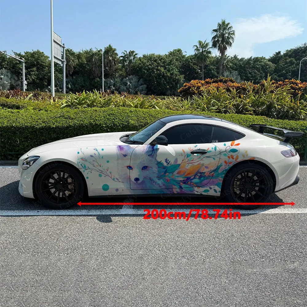 Iridescent Striped Spirit Fox Car Side Wraps, Self-Adhesive PVC Waterproof & Scratch-Resistant Stickers, Car Accessory Gift