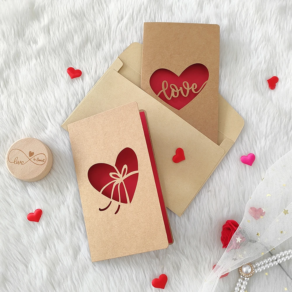 Vintage Kraft Paper Valentine\'s Day Greeting Card with Envelope Cutout Love Heart Rose Mother\'s Day Thank you Card Blessing Gift