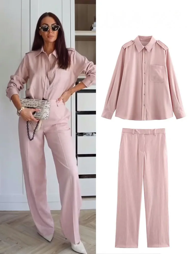 TRAFZA Abito alla moda da donna Rosa Colletto rovesciato Manica lunga Camicie monopetto + Pantaloni lunghi a vita alta Set primaverili femminili