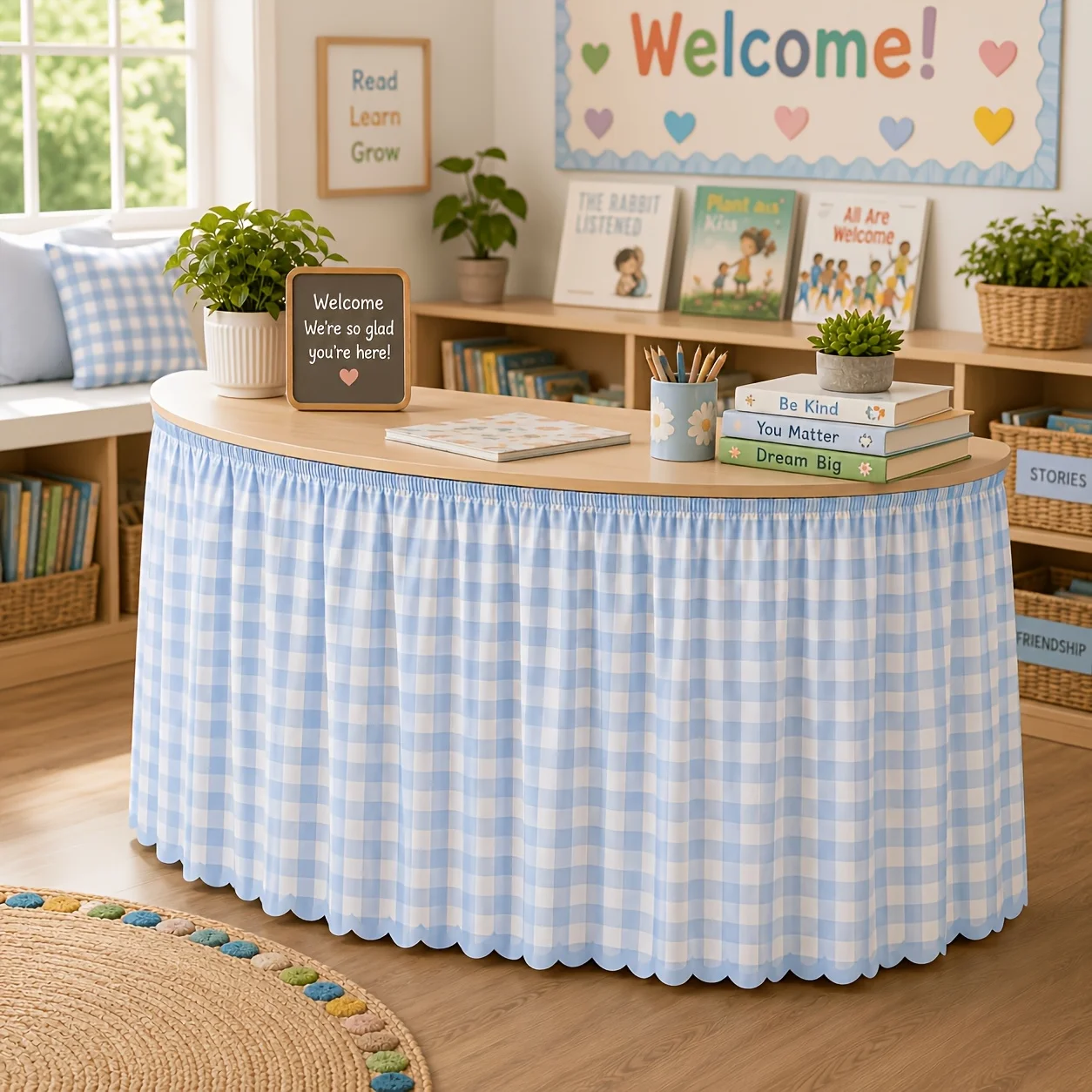 Party tablecloth Table runner 1PC Blue Gingham Table Skirt, featuring a light blue and white checkered pattern.zyc