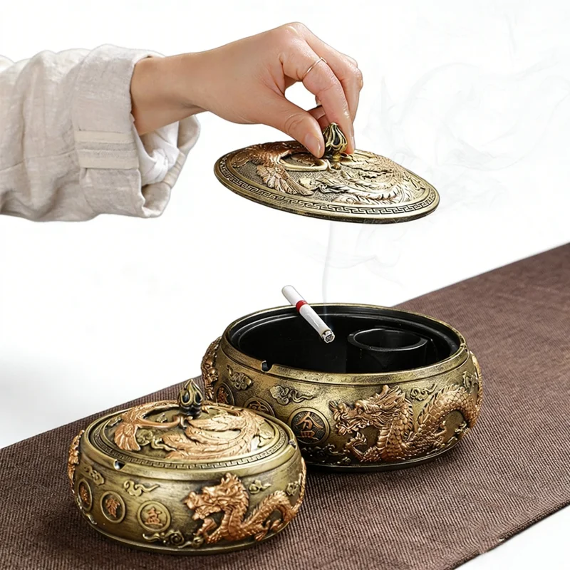 

2026New Resin Creative Dragon And Phoenix Retro Windproof Living Room Trendy Decoration with Cover Office ular Ornaments