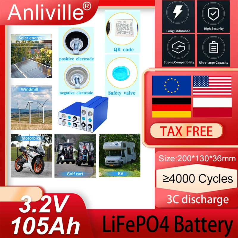

Grade-A 3.2V105AH LiFePO4 Battery EVE Lithium Iron Phosphate Cell DIY 12V 24V 48V Electric scooter Solar Inverter Boat Batteries