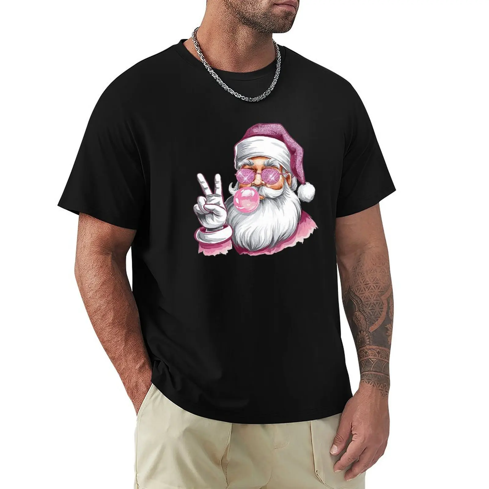 

Cool Santa with Pink Sunglasses and Bubblegum - Holiday Peace Sign Art T-Shirt sports fans custom t shirt mens workout shirts