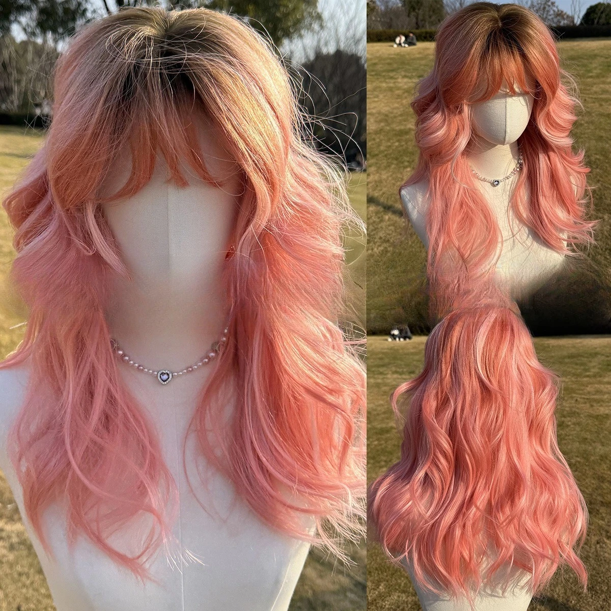 

Wig girl Qi bangs pink lolita long curly hair full head cover water ripple cos wig