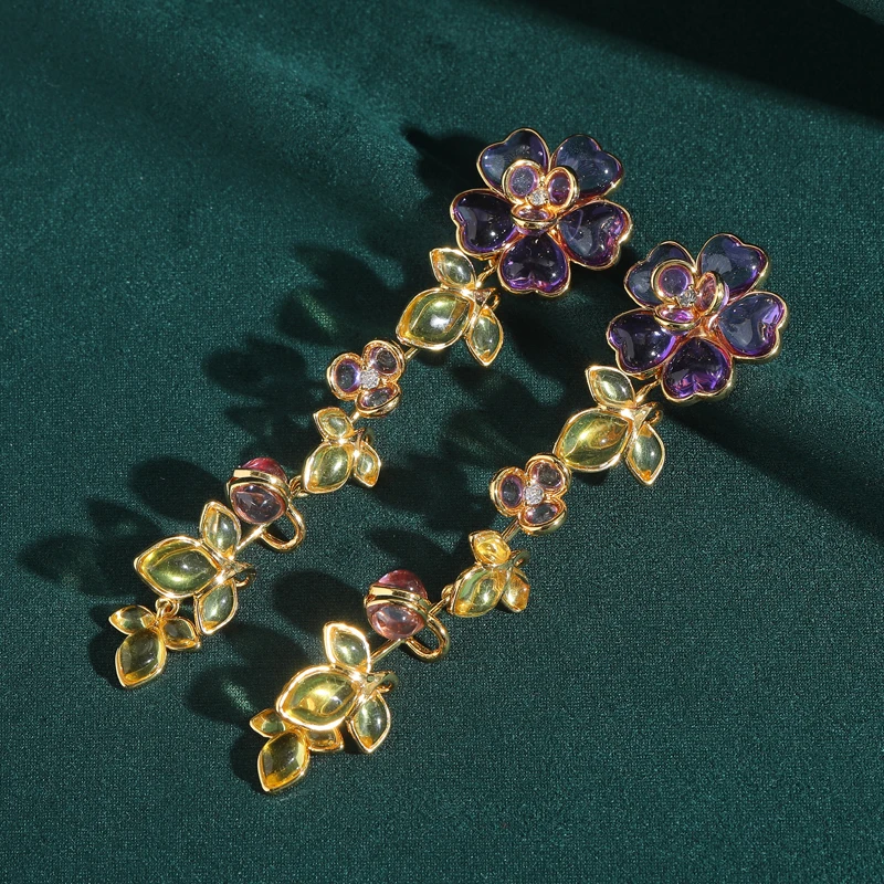 

Vintage Long Purple Acrylic Earrings Flower Gold Color Yellow Leaf Woman Pendant Hook Elegant Luxury Quality Jewelry Designer
