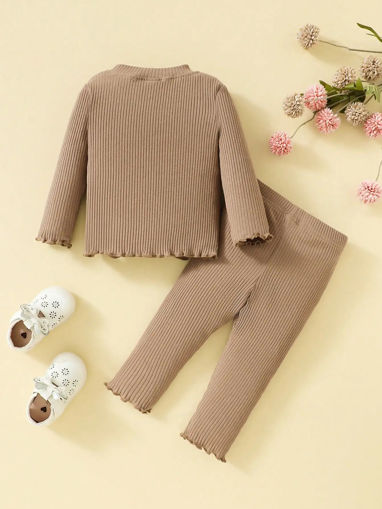 Baby Girl Clothes Set 3-24 Months Toddler Girl Solid Color Outfit Autumn Winter Long Sleeve Round Neck Pullover Tops Long Pants