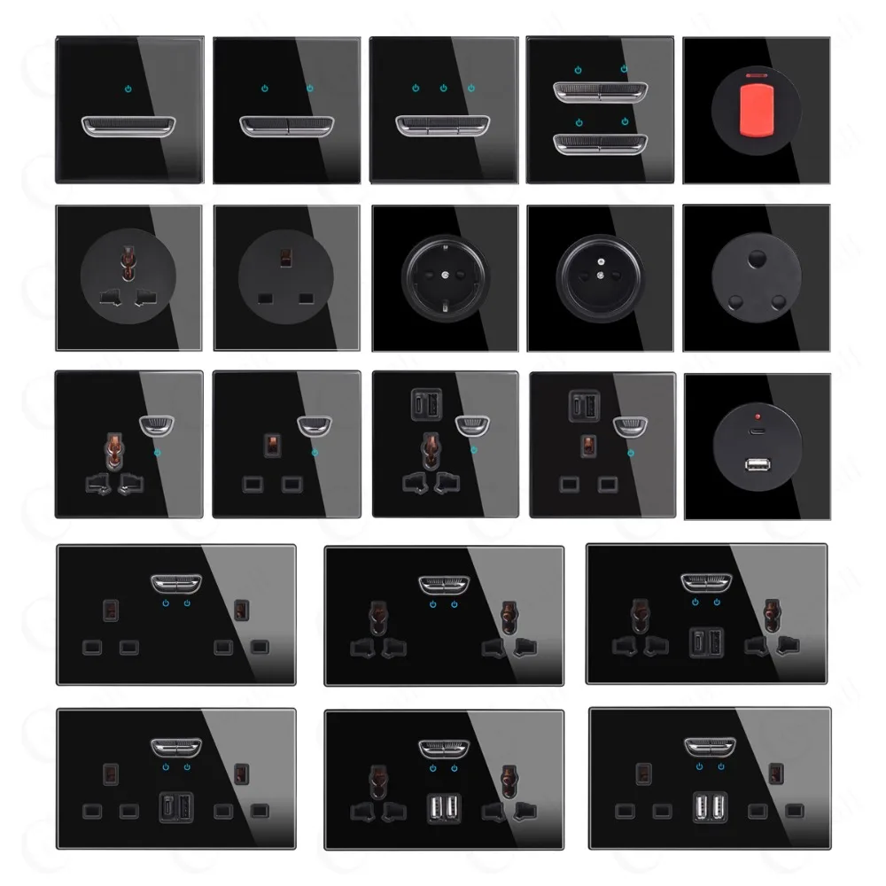 Toggle Reset Switch, 86-type Black Glass Panel, with LED Light, Full Range of Export Wall Socket Sets