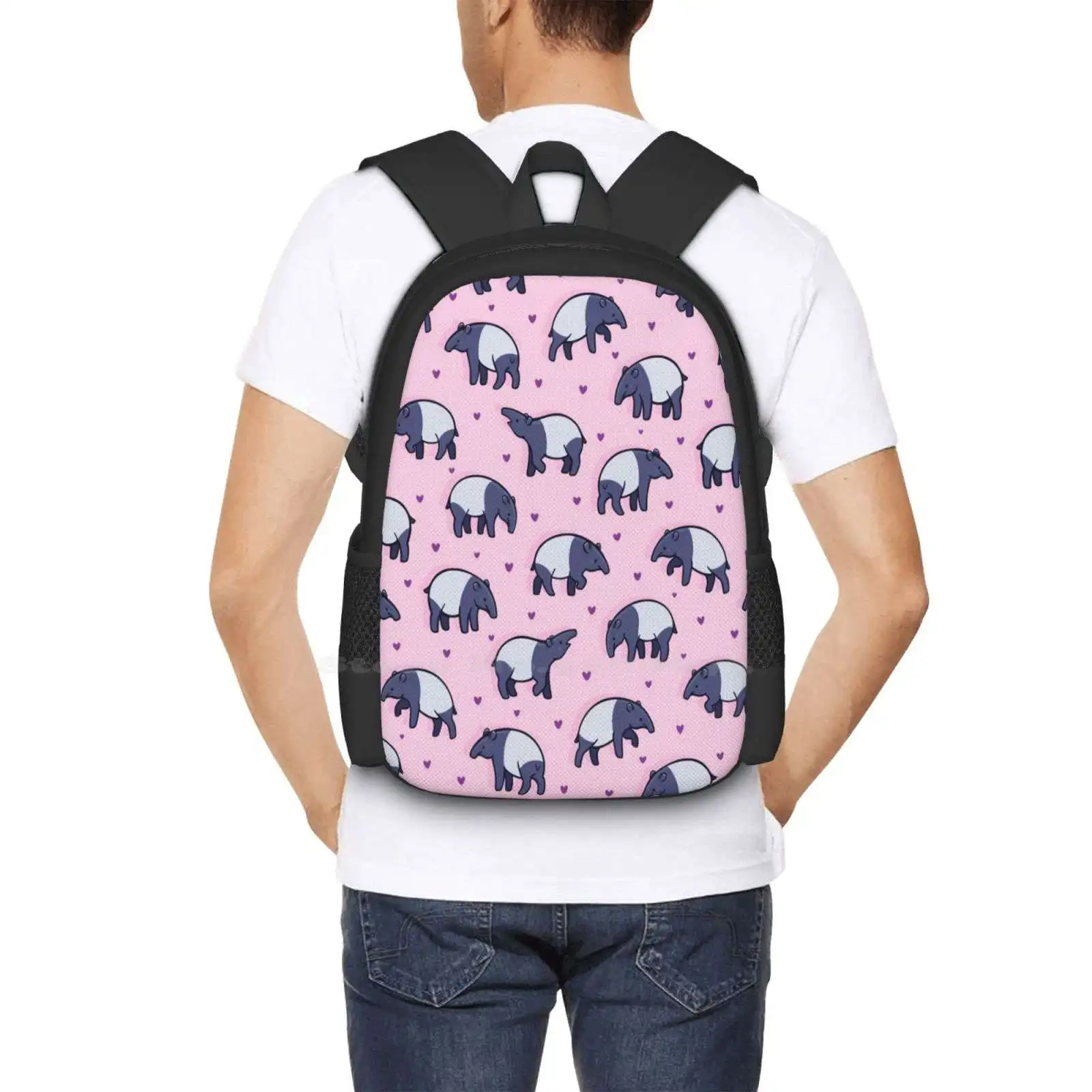 Tiny Tapirs School Bags Travel Laptop Backpack Tapirs Patterns Cute Cartoon Animals Pink Hearts Tapirus