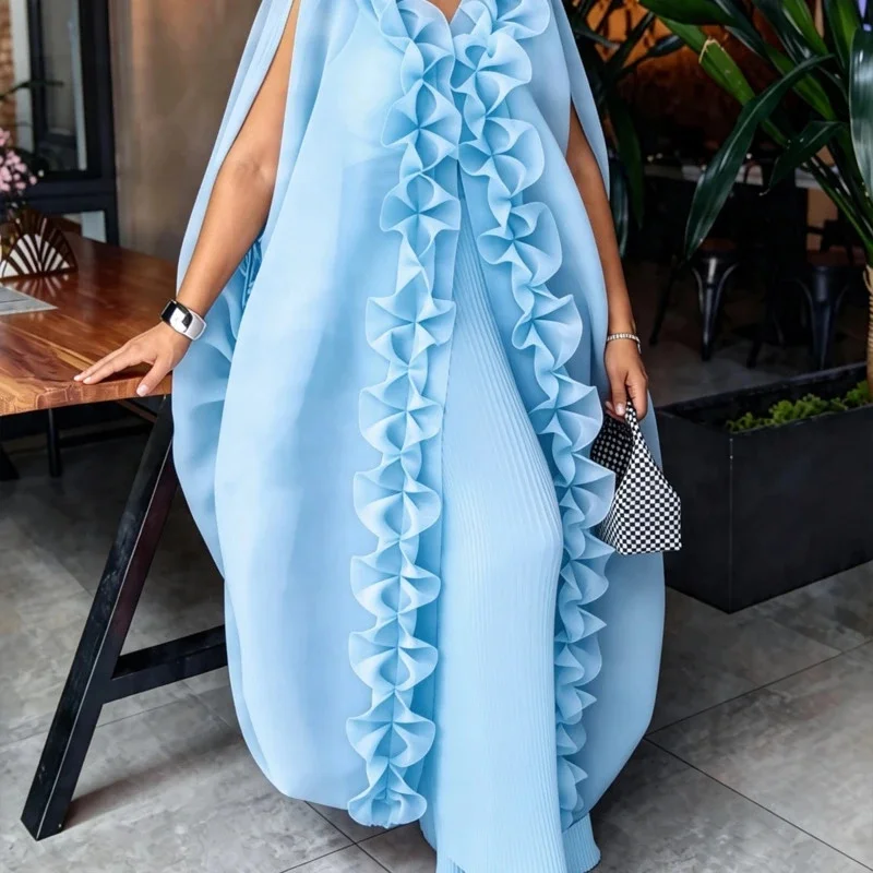 Pink Ruffled Cape Blazer Pleated Wide, Leg Pants Set Women Elegant Long, Robe Two Piece Outfit Wedding Party, Guest Dress Suit G