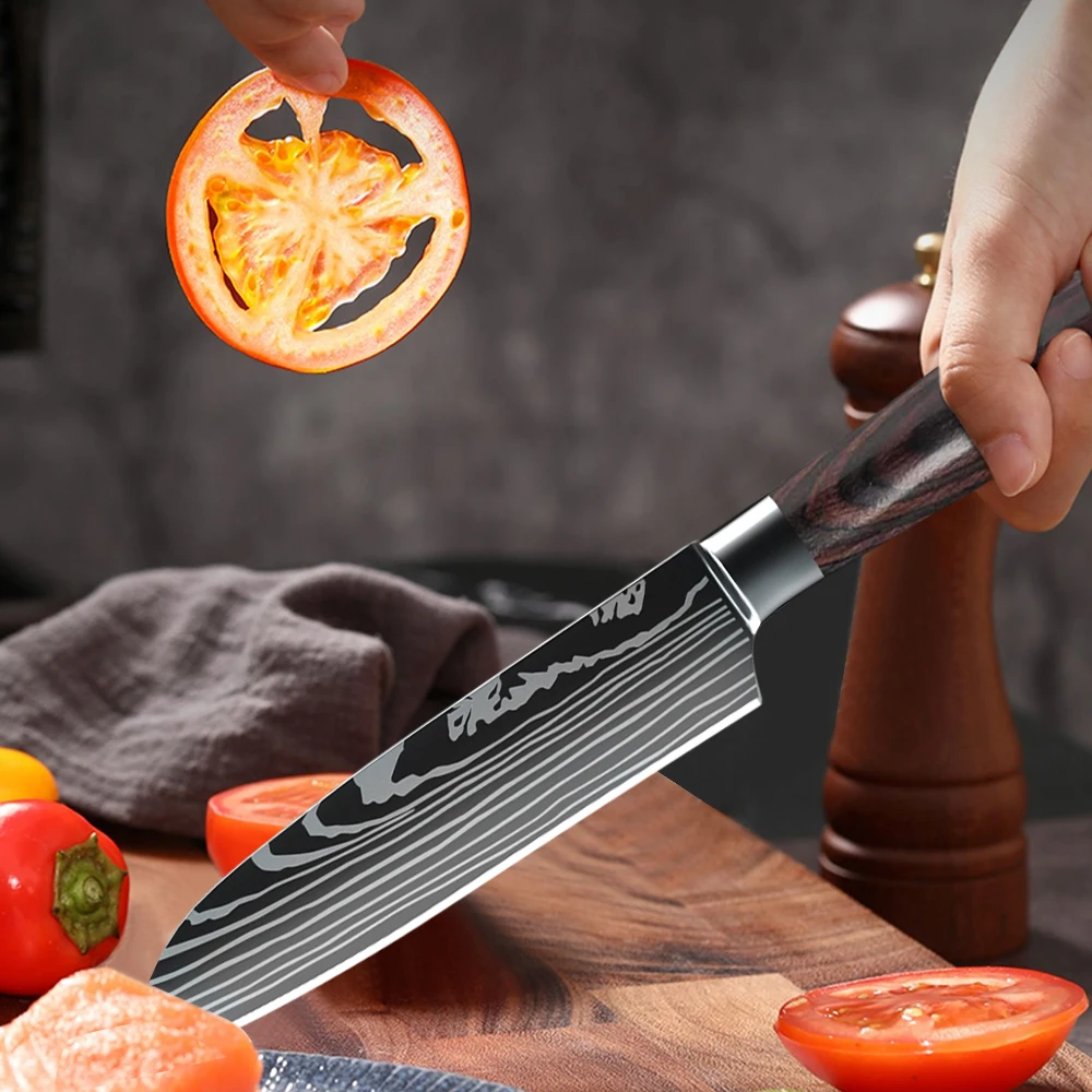 Cuchillo Santoku de alta calidad de 5 pulgadas, cuchillos de cocina de acero inoxidable 7CR17, cuchillo para cortar Ultra afilado para carne, verduras y frutas