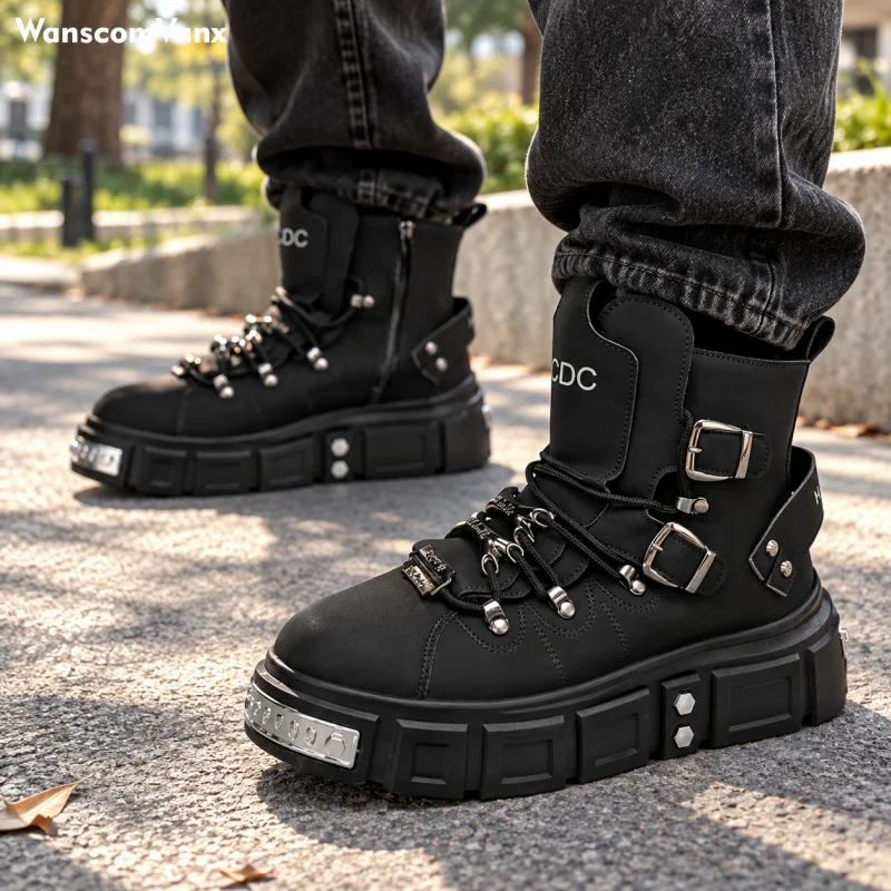 Men's Black High Top Rivet Sneakers Fashion Leather Luxury Streetwear Gothic Punk Motorcycle Boots Stylish Comfortable Big Size