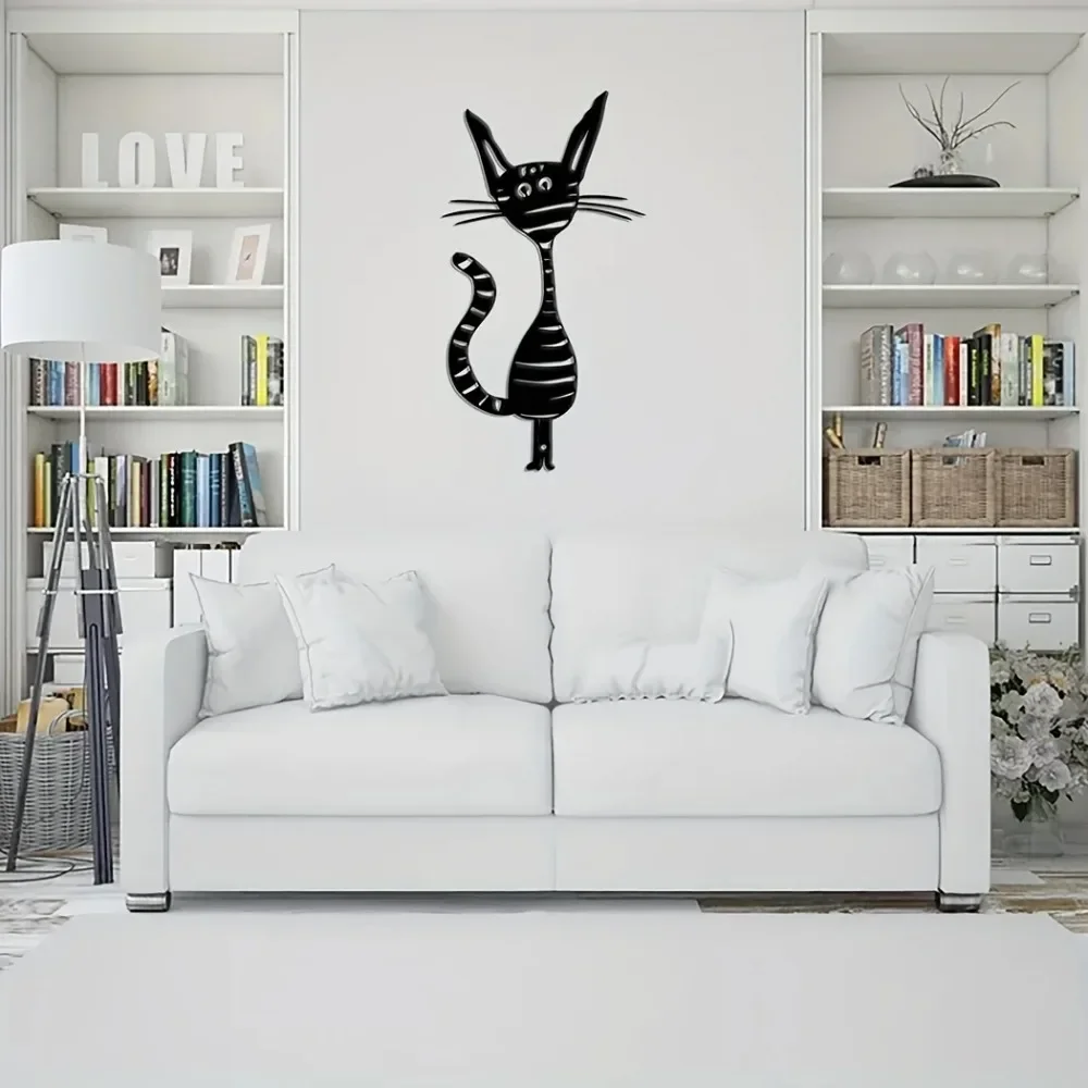 Black Striped Cat Metal Wall Decor Cute Cartoon Cat Iron Silhouette Wall Art Pet Theme Ornament for Home Living Room Decoration