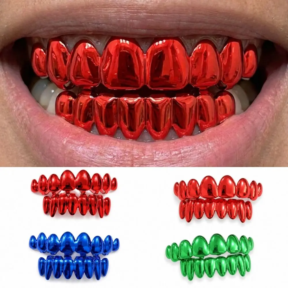 2pcs/set Glossy Finish Teeth Grillz Top Bottom Set Anti Slip Eco-friendly Copper Teeth Grillz Caps Blue Shiny Teeth Jewelry