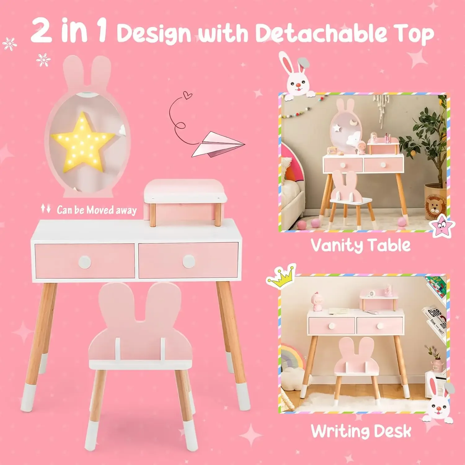 Kids Vanity Set, Girls Vanity Set with Mirror & Stool, 2 Large Drawers, Storage Shelf, Wooden Princess Makeup Dressing