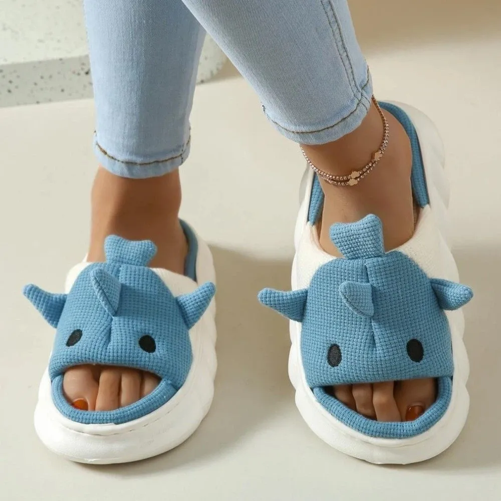 الكرتون غائم أسماك القرش النعال القرش نعال قماش أحذية الشتاء الحيوانات شبشب شتوي لينة المضادة للانزلاق الكتان النعال عنبر #3