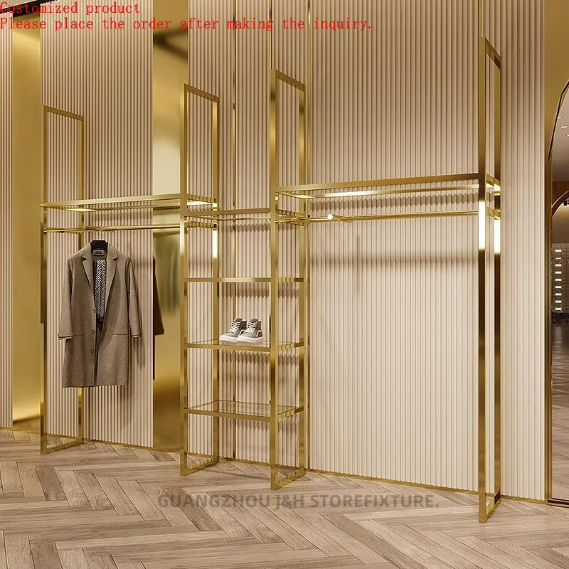 

Garment Retail Rack Commercial Grade Furniture Shiny Gold Combination Racks Stainless Steel Acrylic Board Women's Clothing Rack