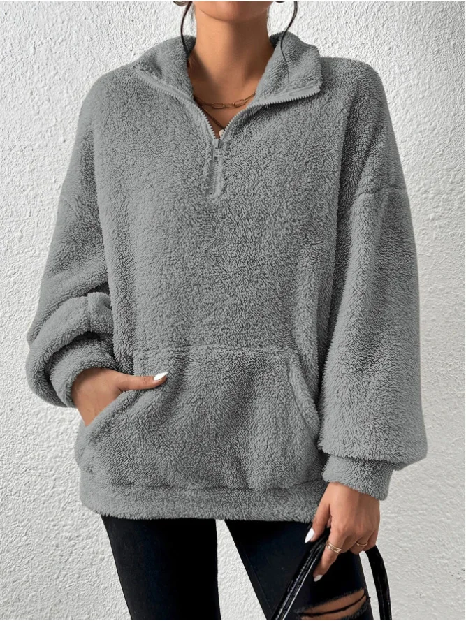 2026 Herbst Winter Mode Damen Samt-Hoodie Einfarbig Verdickter Plüsch-Pullover mit Großer Tasche Warmer Langarm-Damen-Sweatshirt – Detail 11
