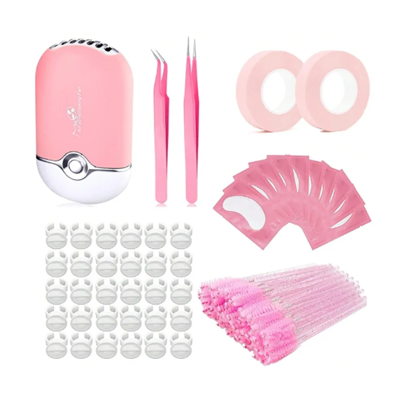 6 in 1 Eyelash Extension Supplies Lash Extension Kit USB Air Conditioning Blower Silicone Pad Under Eye Gel Pads Mini Makeup Set