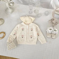 Baby Clothing 2024 Girls Sweet Sweater Autumn New Fashionable Long-sleeved Embroidery Baby Cardigan Knitted Top Casual Coat