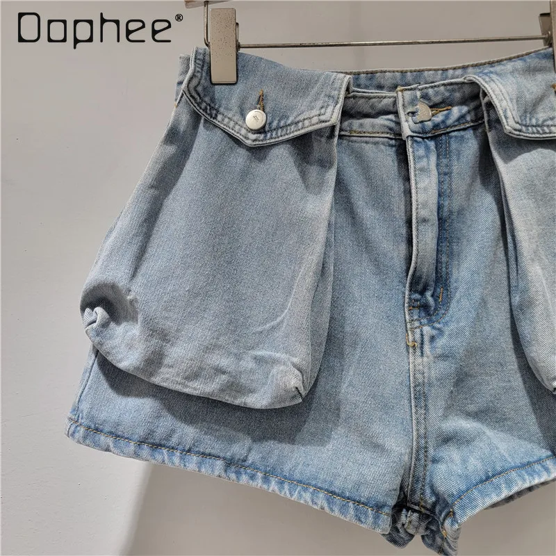 Three-dimensional Big Pocket Fashion Denim Shorts Women 2025 Summer New Solid Color Versatile Loose Slim A-shaped Wide-leg Pants