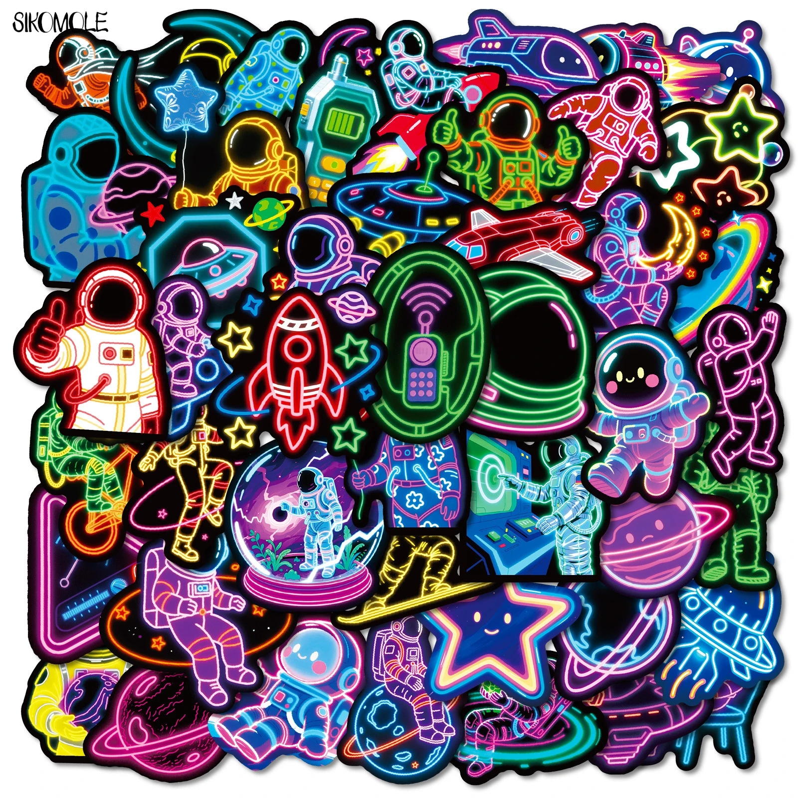 10/30/50PCS Neon Light Series Astronaut Stickers Aesthetic DIY PVC Cartoon Decoration Laptop Guitar Waterproof Graffiti Sticker
