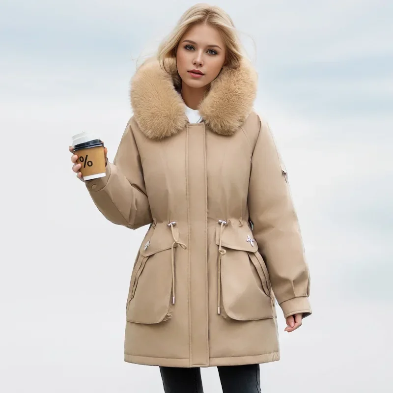 Winter Female Parkas 2024 New Detachable Inner Cotton Jacket Women\'s Thicken Fur Collar Hooded Coat Warm Snow Wear Long Parkas