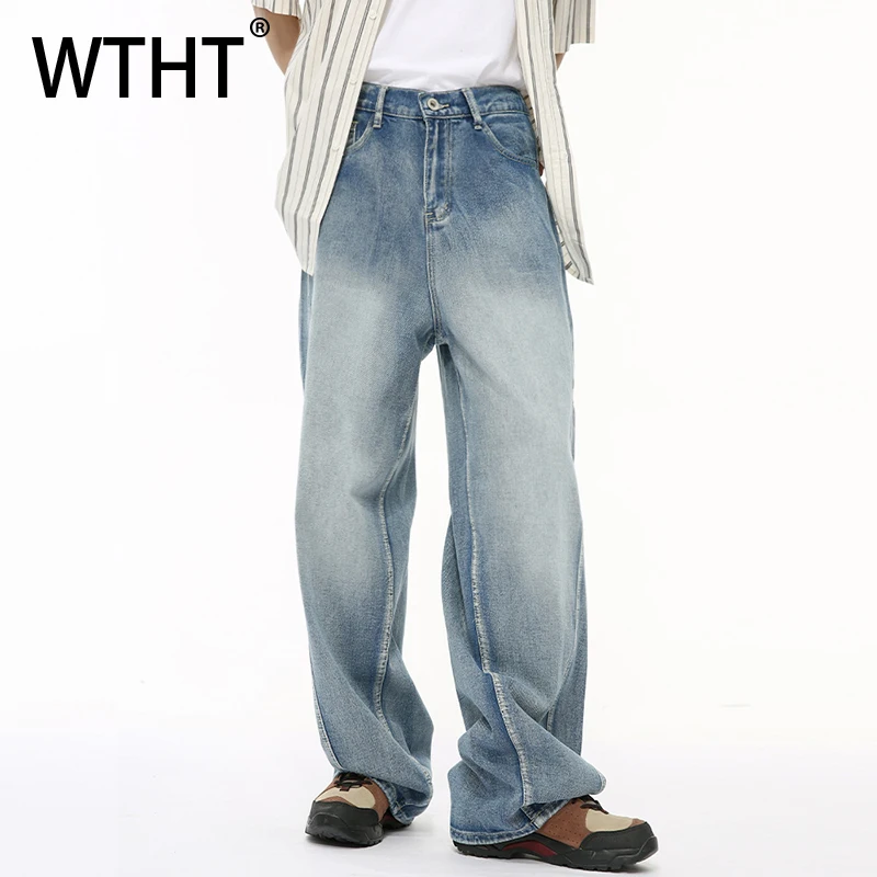 

WTHT Fashion Men’s Irregular Spliced Gradient High Street Denim Pants Trendy Summer Wide Leg Loose Straight Jeans Male 2A0142