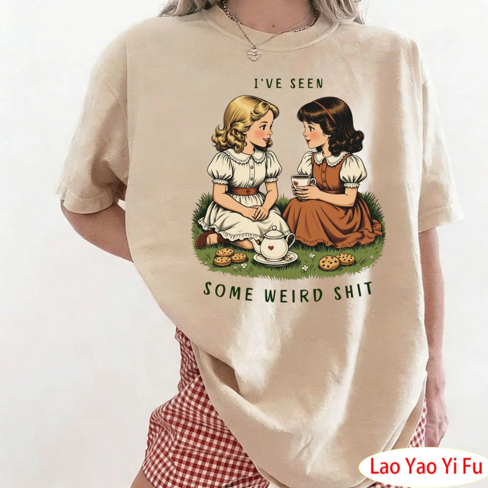 Girl Tea Party Print Tops I've Seen Some Weird Shirt Weird Tea Party Tee Creepy Cute Girls Tops Storybook Humor Clothes