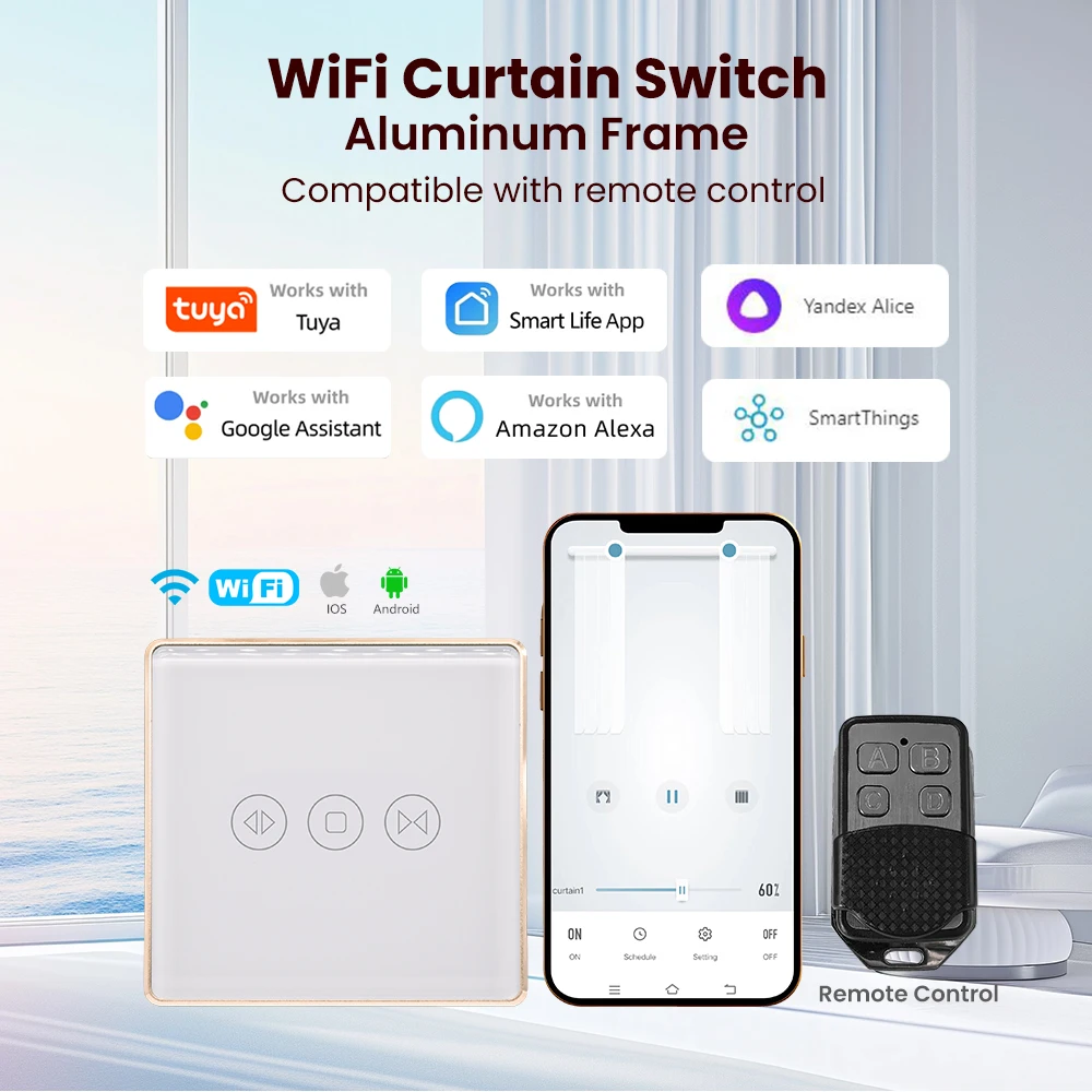 Tuya Wifi Curtain Switch 2.5D Aluminum frame EU Remote Control Smart Life Voice Control Remote Control Need Neutral Wire