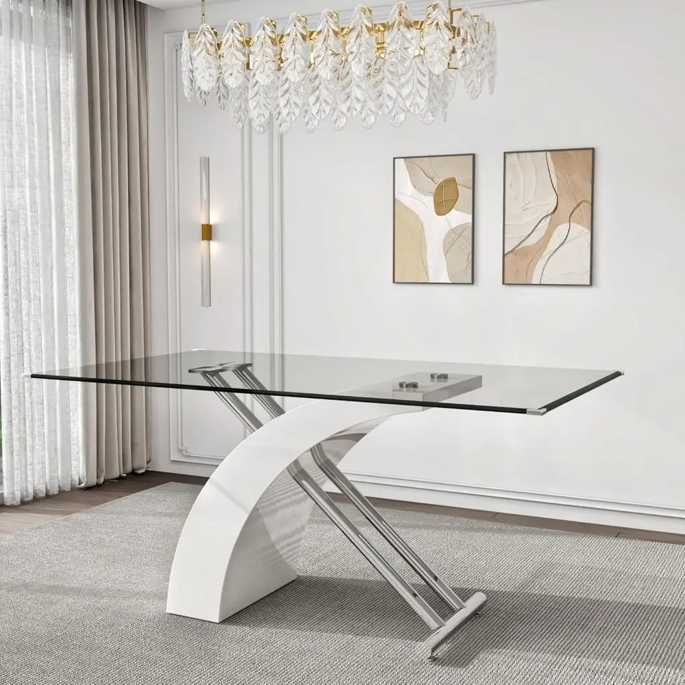 

Современный обеденный стол из прозрачного закаленного стекла 63 см с X-образной основой на 4-6 человек, подходит для кухни, гостиной, офиса, серебристо-белый